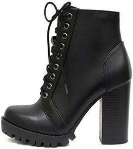 SODA Chalet - Fashion Lace up Military Inspired Ankle Boot with Stacked Heel and Side Zipper (8.5, Black)