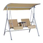 Outsunny Double Outdoor Swing Chair 2 Person Covered Swing Porch Swing w/Pivot Table and Storage Console, Beige