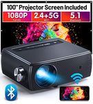 Mini Projector 1080P Full HD, ClokoWe 5G WiFi Bluetooth 15000L Portable Projector 4K Supported with 100“ Screen, Home & Outdoor 300" LED Movie Video Projector for TV Stick, Android, iOS