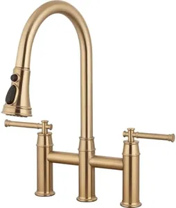 Brushed Bronze Bridge Kitchen Faucet with Pull Down Sprayer, Lava Odoro Transitional Bronze Gold Kitchen Sink Faucet 3 Hole 2 Handle Antique Brass Bridge Kitchen Faucet, KF501-BB