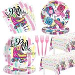 HIPVVILD Roller Skate Birthday Party Supplies - Roller Skating Party Decorations Tableware, Plate, Napkin, Tablecloth, Fork, Roller Skater Let's Roll Birthday Party Decorations Dinnerware | Serve 24