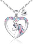 Unicorn Necklace Gifts for Girls,Silver Heart Necklace with Initial for Girls Teen Kids Birthday Valentines Day Gifts,Plated CZ Necklace for Daughter Granddaugher Christmas Thanksgiving Gifts-Letter M