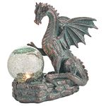 TERESA'S COLLECTIONS Garden Ornaments Outdoor, Sitting Bronze Dragon Statues with Solar Crack Glass Ball, Waterproof Resin Ornaments, Garden Decoration Gifts 22.6CM