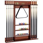 GYMAX Billiards Pool Cue Rack, Wall-Mounted Pool Stick Holder Holds 8 Cues, 16 Billiard Balls and 1 Ball Rack, Solid Pine Wood Billiards Equipment for Man Cave, Billiard Room, Game Room & Club (Brown)