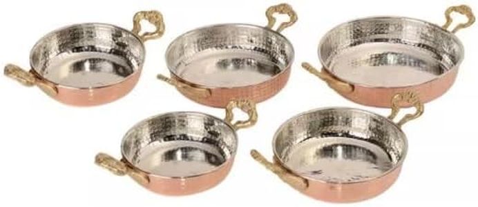 Giftanbul Copper Pan With Brass Handle, Traditional Handmade Sahan, Hand Hammered Cooking Pan, Omelette Pan for Kitchen Restaurant (5 Pieces Set)