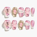 Sun&Beam Nails Handmade Press on Short Coffin Ballerina Artistic Pink Gold White Fashion Artificial False Nail Tips 10 Pcs Set (#112 L)