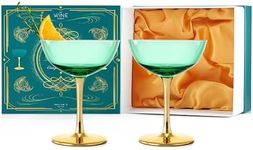 Colored Coupe Art Deco Glasses Gold | Set of 2 | 12 oz Classic Cocktail Glassware for Champagne, Martini, Manhattan, Sidecar, Crystal Speakeasy Style Goblets Stems, Vintage Blue, Teal, Green