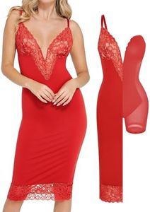 Popilush Shapewear Lace Corset Dress Deep V Bodycon Midi Dresses for Women Satin Drape Slip Cocktail Night Out Red