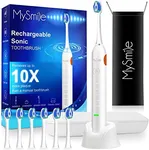 MySmile Electric Toothbrush for Adults, Rechargeable Sonic Electronic Toothbrush with 6 Brush Heads and Travel Case, 2 Mins 5 Modes Smart Timer, 48000VPM (White)