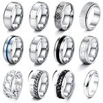 JeryWe 12 PCS Anxiety Fidget Ring for Men Women Stainless Steel Rings Men Ring Set Cool Spinner Chain Rings Matching Rings for Couples, Cool Spinner Ring Stress Relieving Ring for Men Size 7-13