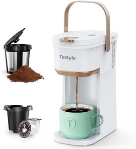 Tastyle Single Serve One Cup Coffee Maker, for K Cups and Grounds, Mini Coffee Maker with Portable Handle, 6 to 12 Oz Brew Size, for Travel, Camping, Office, RV and Dorm, White and Brown