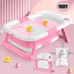 QueenFul Collapsible Baby Bathtub for Newborn to Toddler, Portable Foldable Baby Bathtub with Soft Cushion and Water Thermometer,No-Slip Hanging Travel Baby Bathtub for Infants 0-36 Months,Pink