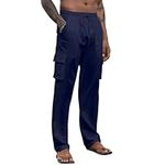 Mens Casual Trousers Cotton Linen Trousers Loose Straight Legs Yoga Beach Pants Navy L