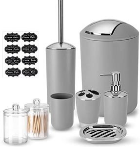 Fixwal Bathroom Accessories, 8 Piece Bathroom Accessories Set with Trash Can, Toothbrush Holder and Cup, Soap Dispenser and Dish, Toilet Brush and 2 Qtip Holder with Labels (Gray)