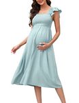 BeautyNee Maternity Dress Maxi Dress for Women Ruffle Flying Sleeve Strap Smocked Boho Dress, Bean Green, S