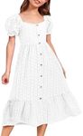 HOSIKA Girls Summer Square Neck Puff Sleeve Boho Ruffle Tiered A-line Casual Party Midi Dress for 6-12 Years, White, 10 Years