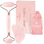 Plantifique Genuine Rose Quartz Face Roller and Gua Sha Stone Set - Anti Aging Rose Quartz Face Roller and Gua Sha Facial Tools for Face, Eyes, Neck - Face Massager Beauty Skin Care Products