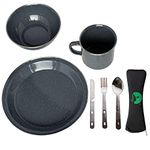 ECOPOWER SPORTS Mess kit, 1 Person Camping & Picnic tableware Dining Set, Grey 350ml Mug/24 CM Plate/15CM Bowl/Stainless Steel Cutlery Knife With Bottle Opener, Fork, Spoon and Hygienic Pouch. 7PCS