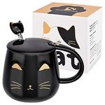 SHENDONG Black Cat Mug Cute Ceramic Coffee Cup with Kawaii Lid and Lovely Stainless Steel Spoon Novelty Morning Cup Coffee Milk Tea Mugs - 3D Animal Cat Mugs for Cat Lovers Women Gifts(Black)