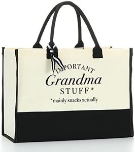 Grandma Tote Bag for Women Personalized Beach Bag Waterproof Canvas Bag Inspirational Grandma Gifts for Women Grandma Nana Gigi Birthday Retirement Travel Camping, Important Grandma Stuff Snack Bag, White254, 17 x 7.9 x 12.6 inches