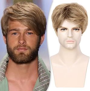Creamily Mens Wigs Short Hair, Men's Short Brown Wigs Realistic Synthetic Hair Replacement Wig for Men Daily Use