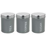 Harbour Housewares 3 Piece Contemporary Tea Coffee Sugar Canister Set - Steel Kitchen Storage Caddy with Rubber Seal - Grey - 10cm