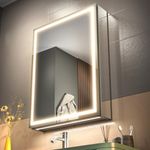 GANPE LED Lighted Bathroom Medicine Mirror Cabinet with Single Door Defog, Stepless Dimming, Memory 3 Colors Mode, Memory Shelves, Socket and USB