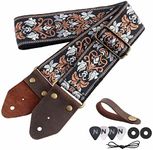 Nefelibata Guitar Strap,Jacquard Embroidery Cotton Guitar Straps with Crazy Horse Leather Ends for Bass, Electric & Acoustic, Best Gifts for Kids, Guitarists(Retro Brown Flower)