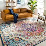 Livabliss Rabat Vintage Rug - Area Rugs Living Room 160x228 cm, Dining Floor, Kitchen, Traditional Multicoloured Boho Rug, Easy Care Pile, Bohemian Large Rug, Fuchsia, Orange and Blue Rug