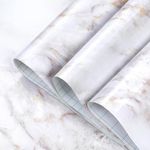 Homein Marble Self Adhesive Sticky Paper Back Plastic Roll 30x200cm, Peel and Stick Waterproof Vinyl Film for Kitchen Countertop Furniture, White-Brown Glossy Granite Furniture Stickers