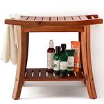 Tinamo Acacia Shower Benches for Inside Shower 22" x 13" x 18.6" - Wooden Shower Stool Waterproof for Shaving Legs - Shower Bench Seat with Storage Towel Shelf - Tub Bench Chair Spa Bath(Acacia Wood)