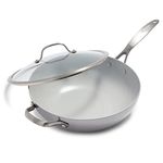 GreenPan Venice Pro Tri-Ply Stainless Steel Healthy Ceramic Nonstick 12" Wok Pan with Helper Handle and Lid, PFAS-Free, Multi Clad, Induction, Dishwasher Safe, Oven Safe, Silver