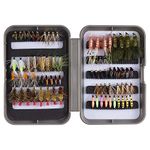 BASSDASH Trout Steelhead Salmon Fishing Flies Barbed Barbless Fly Hooks Include Dry Wet Flies Nymphs Streamers Eggs, Fly Lure Kit with Fly Box (76pcs Barbed Trout Flies)