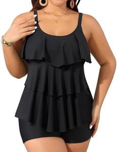 Yonique Womens Plus Size Flounce Tankini Swimsuit with Shorts 3-Layer Ruffle Printed 2 Piece Swimwear Slimming Tank Top Black 18plus