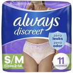 Always Discreet Adult Incontinence Underwear for Women and Postpartum Underwear, Size S/M, Up to 100% Bladder Leak Protection, 11 Count