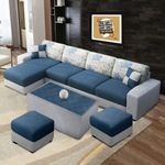 FURNY Orlando Fabric 8 Seater LHS L Shape Sectional Sofa Set with 1 Centre Table & 2 Puffy (Blue-Grey)