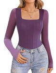 Avidlove Women's Long Sleeve Bodysuits Square Neck One Piece Body Suit Mesh Leotard Tops Double Lined Soft (Dark Purple, L)