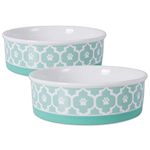 DII Bone Dry Lattice Ceramic Large Pet Bowl for Food & Water, 7.5" Dia x 2.4" H Set of 2, with Non-Skid Silicone Rim for Dogs and Cats-Aqua