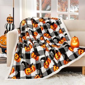 Touchat Sherpa Orange Buffalo Plaid Halloween Twin Blanket 60" X 70", Fall Fuzzy Fluffy Soft Cozy Blankets, Fleece Flannel Plush Microfiber Throw for Couch Bed Sofa,Halloween Decor (BlackHalloween)
