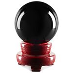 Small Black Obsidian Crystal Ball Sphere with Decorative Wooden Stand for Meditation, Healing, Feng Shui (80mm / 3.15 in)