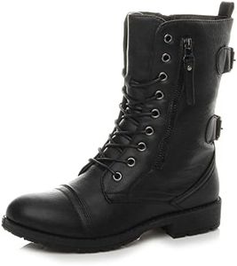 Ajvani Women's Ladies Flat Low Heel Lace Up Zip Combat Military Ankle Boots Size 6 37 Black Matte