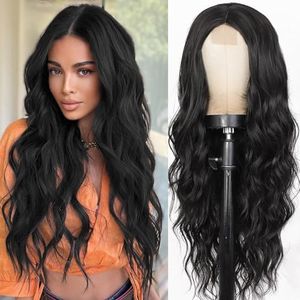 XIXIBI Black Wigs for Women, Long Wavy Wigs Middle Part Curly Wavy Wig Natural Looking Synthetic Heat Resistant Fiber Wig for Daily Party Use 26 Inch