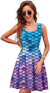 uideazone Summer Dresses for Women Ladies Fish Scale Print Sleeveless Unique Pleated Sling Dress Casual Beach Sundress for Home Party Vacation