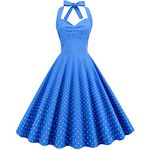 Wellwits Women's Pleated Lace-up Back Halter Polka Dots Vintage Dress Blue M