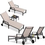 PURPLE LEAF Outdoor Chaise Lounge with Wheels Armrests Aluminum Pool Lounge Chairs Set of 4 Patio Chaise Lounge with 5 Position Recliner Includes Side Table for Deck Yard Poolside Beige