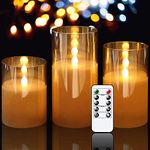 Xergy Glass Battery Operated Flameless Led Candles with 10-Key Remote and Timer, Real Wax Candles Warm White Flickering Lights for Home Decoration (Set of 3) (Gold)