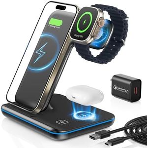 HEYMIX 3 in 1 Wireless Charger, 15W Fast Wireless Charging Station, 3-in-1 Wireless Phone Charging Dock Stand Compatible with AirPods, iWatch, iPhone14/13, Samsung Galaxy S22/S21 (with QC3.0 Adapter)