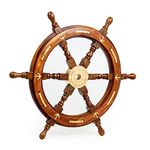 Natural Wood Handcrafted Ship Wheel with Inlayed Brass Anchor and Rippets| Ocean Maritime Navy Decor | Nagina International (24 Inches)