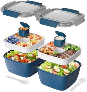 Cherrysea Salad Lunch Container, 2Pack Salad Bowls with 4 Compartments Tray, Leak Proof Lunch Box with Fork for Men,Women BPA-Free Snack Container with Sauce Container for Dressings - Blue