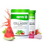 OZiva Vegan Collagen (Watermelon) with Biotin & Vitamin C For Brighter & Youthful Skin 200g and Bioactive Gluta Fizzy (15 Tablets) | L-Glutathione, Hyaluronic Acid, Lycopene | Strawberry|Powder